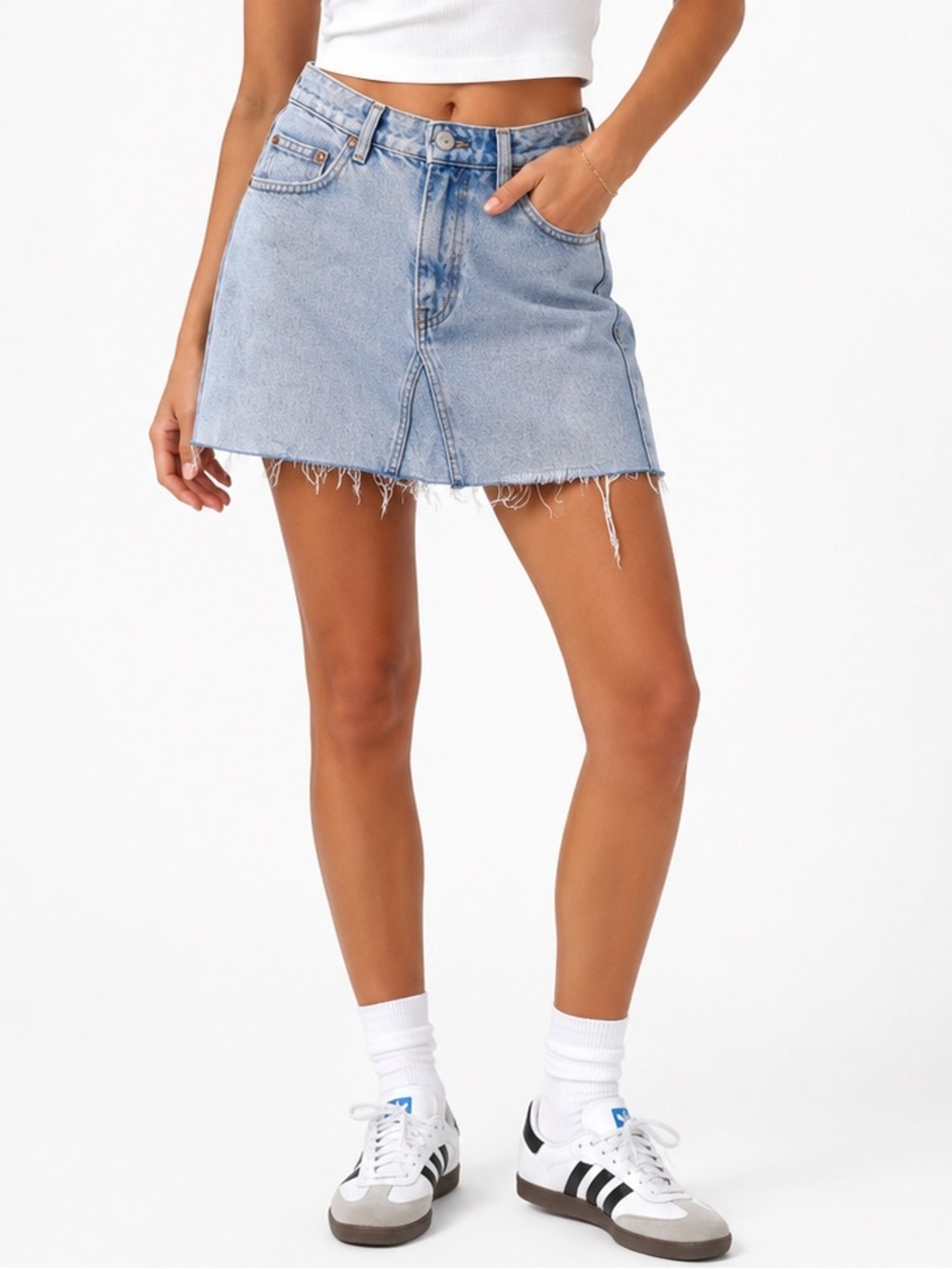 Zara Light Wash Denim Mini Skirt - Frayed Hem Sz XS